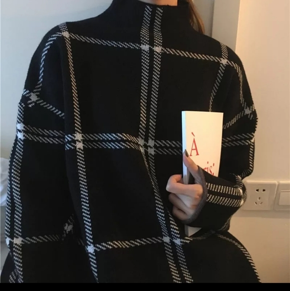 Pullover knit turtleneck Women Sweater Winter plaid black and white - Picture 2 of 5